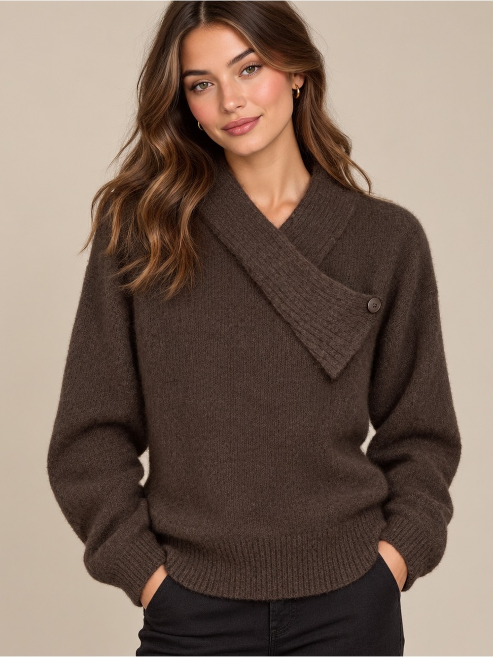 Vintage Louis London Unique Mohair Blend Sweater – Brown Shawl Collar – Size M
